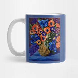 Bright and colorful abstract flowers in a bronze and purple vase Mug